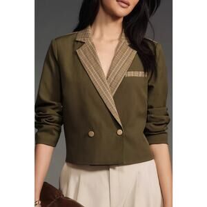 Anthropologie Dolan Plaid Contrast Cropped Blazer Jacket Green Size Large